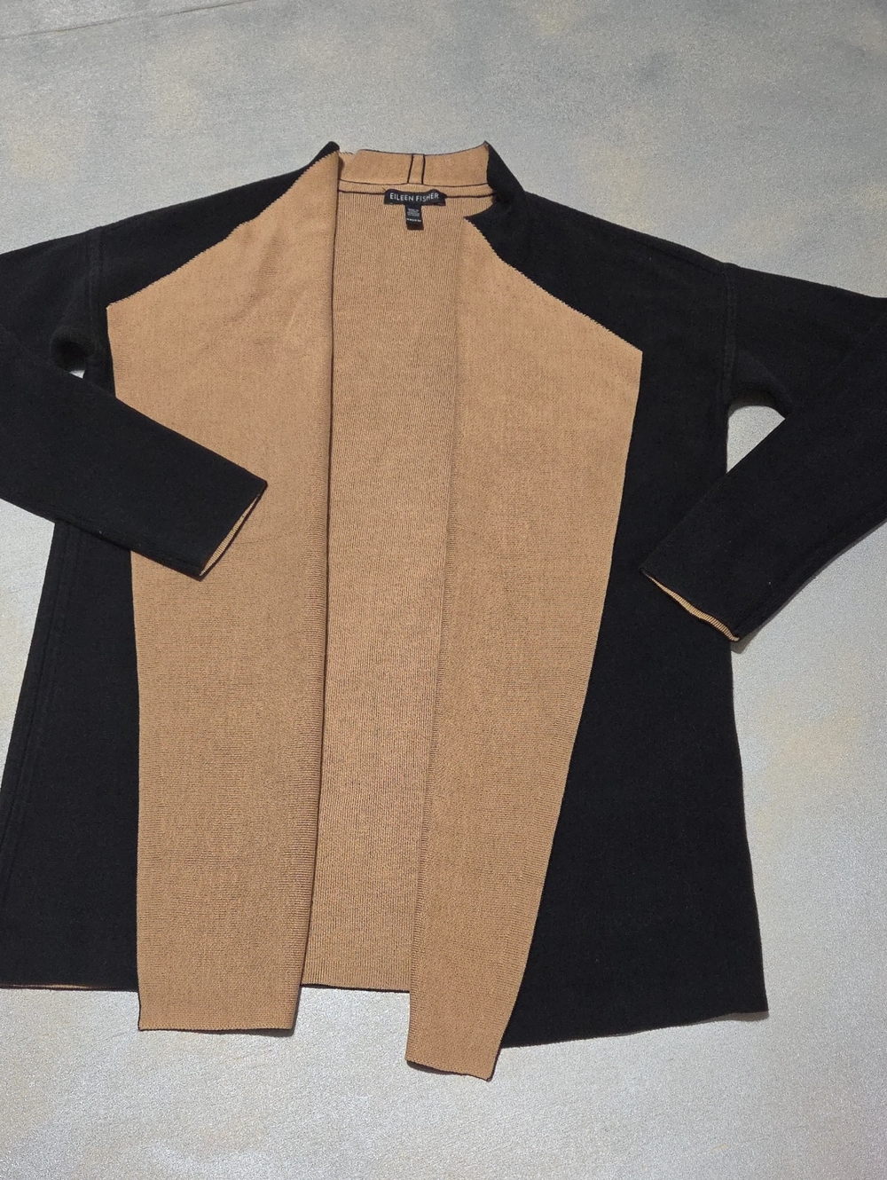 Eileen Fisher Black and Camel Open-Front Women's Cardigan
